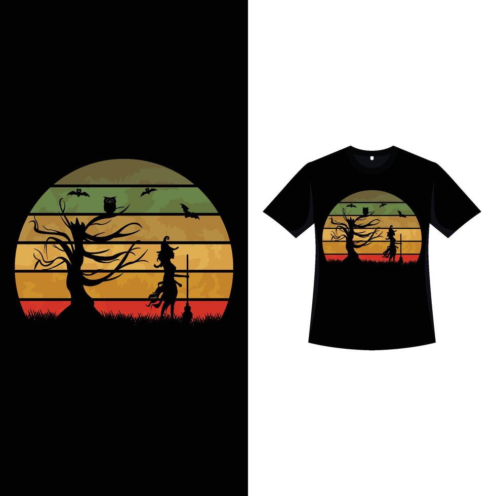 Halloween retro color T-shirt design with a witch standing near a dead tree with a broomstick. Halloween scary T-shirt design with vintage color and scary witch. Scary fashion design for Halloween. vector