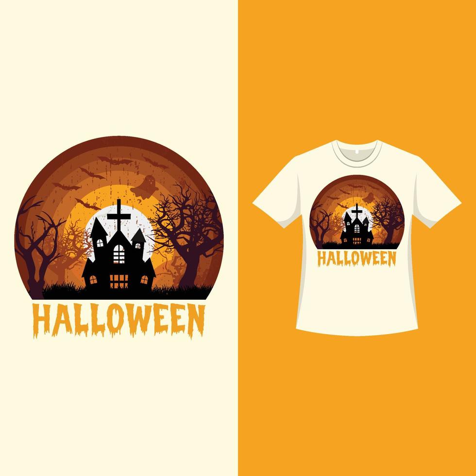 diseño de camiseta de color retro con estilo de halloween con silueta de árboles muertos y una casa embrujada. diseño de camiseta de miedo de halloween con color vintage y caligrafía. diseño de moda aterrador para halloween. vector