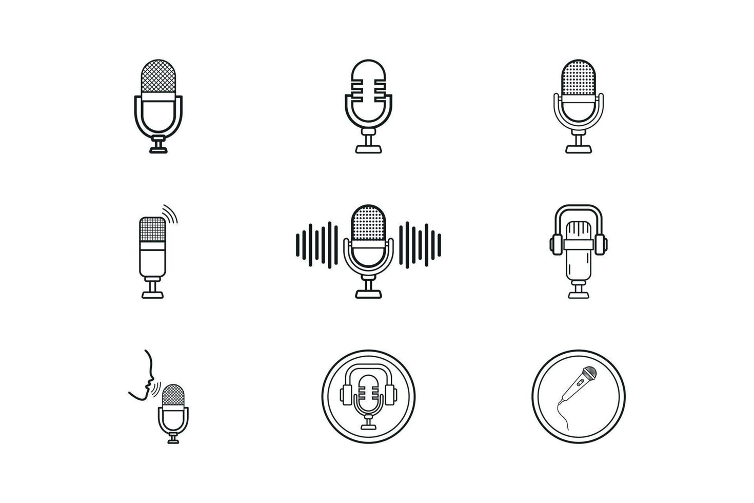 vector de colección de iconos de micrófono. paquete de iconos de auriculares y micrófono de podcast. ecualizador de sonido con micrófono, iconos del sistema de podcast. grabadora de sonido y silueta vectorial de ecualizador.