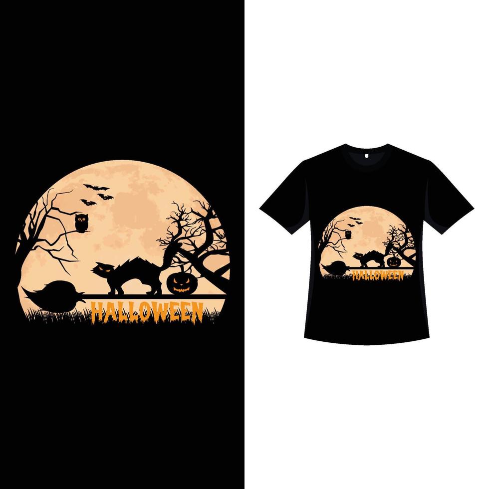 Halloween vintage T-shirt design with moon and deadly cat. Halloween fashion wear design with a cat on a broomstick and dead tree silhouette. Scary retro color T-shirt design for Halloween event. vector