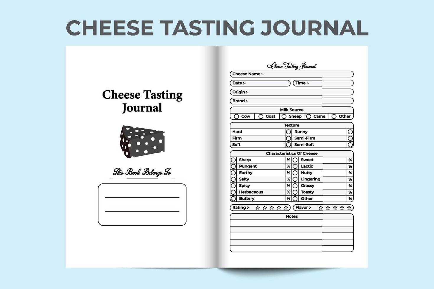 Cheese-tasting interior of a notebook. Cheese texture and taste checker interior. Interior of a journal. Dairy products characteristics and source tracker journal template. Cheese quality notebook. vector