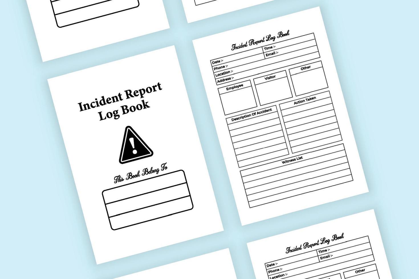 interior del libro de registro del informe de incidentes. rastreador de incidentes oficiales o comerciales y plantilla de cuaderno de informes. Interior de un diario. interior del verificador de información de incidentes y lista de testigos. vector