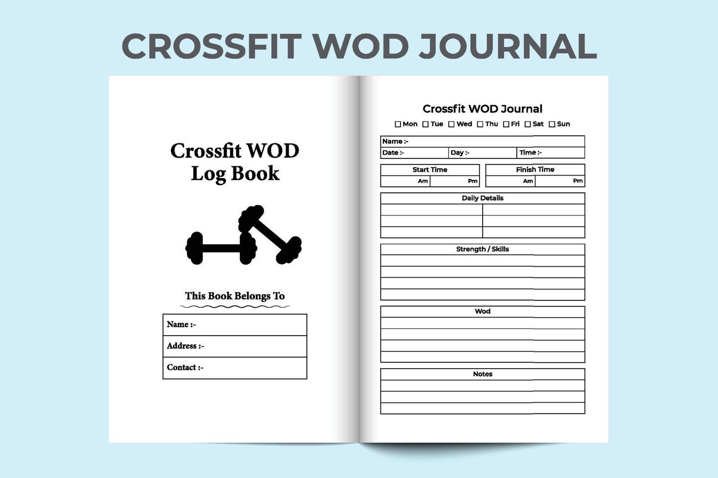 diario interior crossfit wod kdp. rutina de ejercicio diario y plantilla de seguimiento de habilidades. cuaderno interior kdp. planificador de crossfit wod y plantilla de seguimiento de tareas de ejercicio diario. verificador de fuerza diario. vector