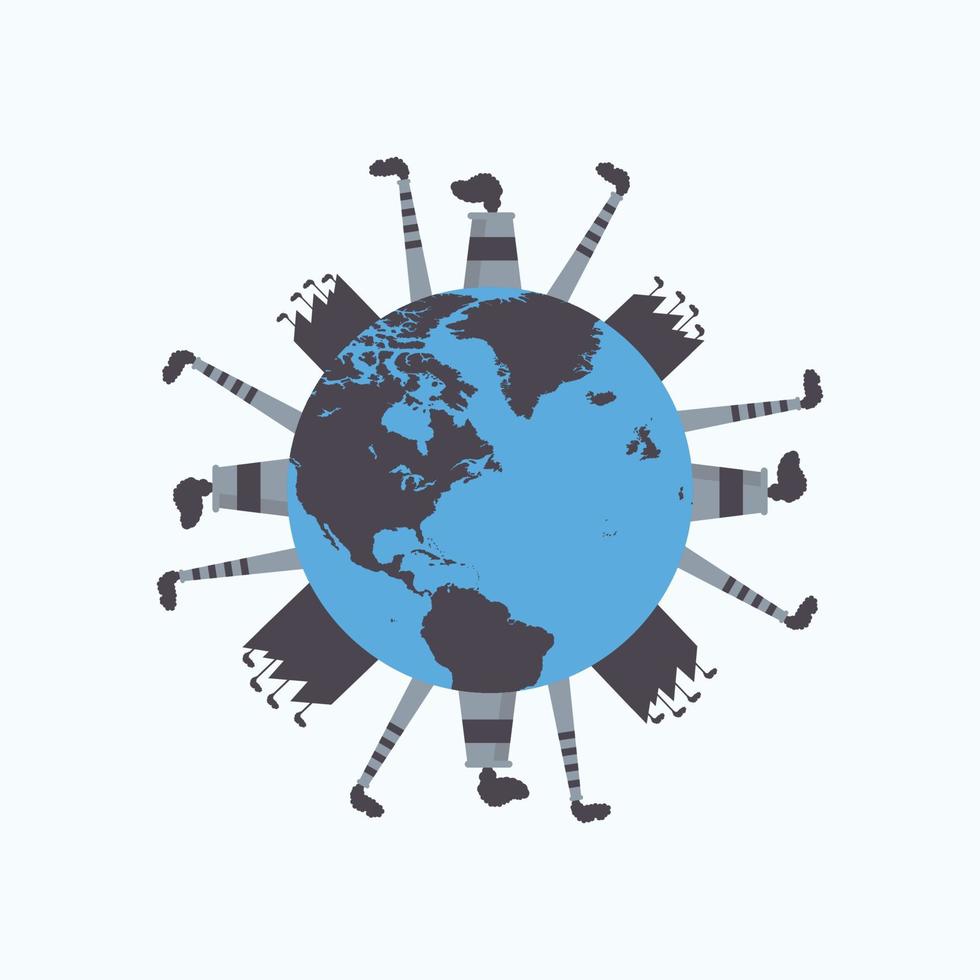 Mills and factories polluting environment concept. Global nuclear power plants and industries are polluting the earth. Factory waste is creating water and air pollution with a world map vector. vector