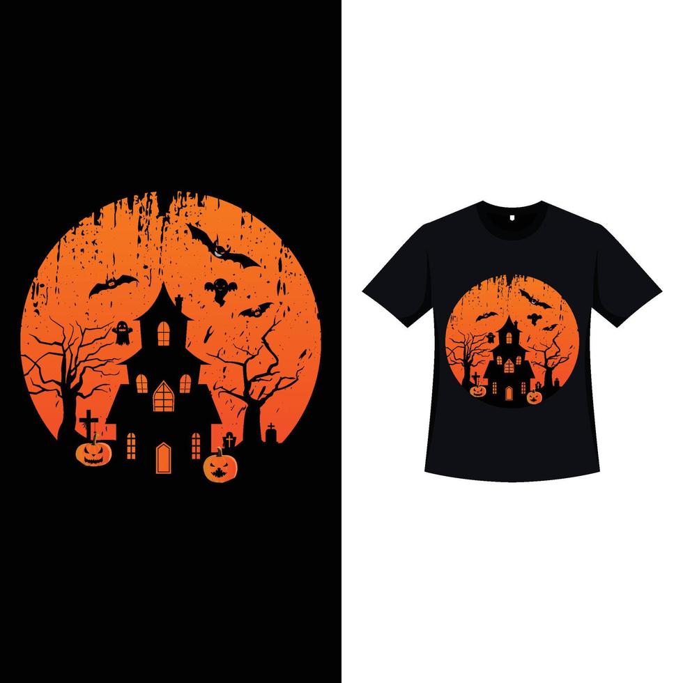 diseño de camiseta de color blanco de Halloween con una casa embrujada. diseño de silueta de elemento de halloween con linterna de calabaza, murciélago y casa embrujada. diseño de camiseta espeluznante para el evento de halloween. vector