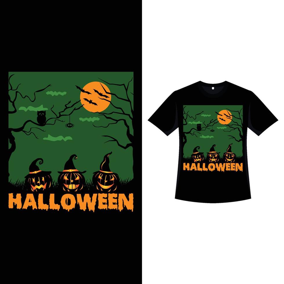 diseño de camiseta de color retro de halloween con tres linternas de calabaza. diseño de moda de halloween con luna, calabaza, árbol muerto y caligrafía. diseño de camiseta de color vintage aterrador para halloween. vector