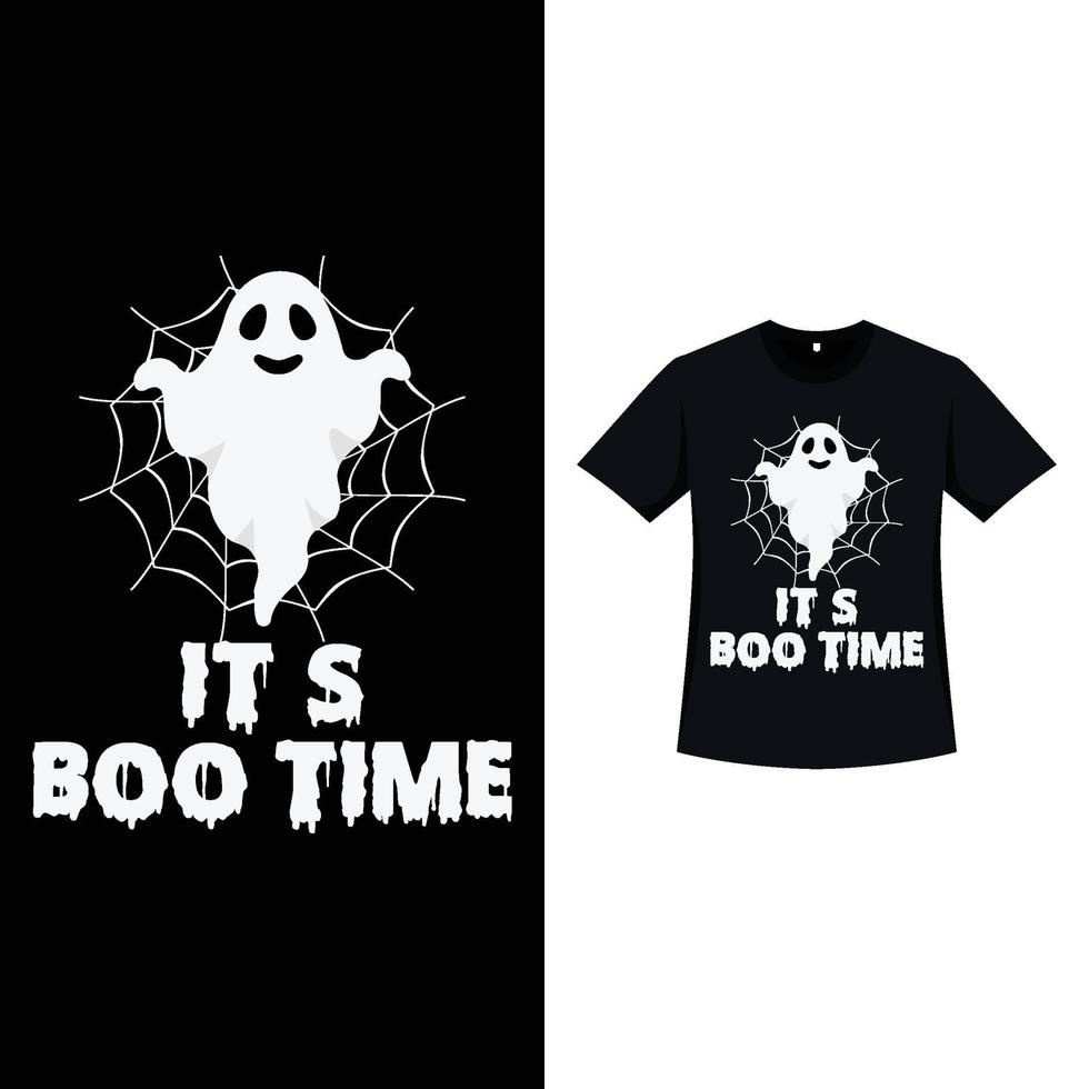 Halloween black color T-shirt design with white ghost and typography. Halloween element design with a white ghost, spider web, and calligraphy. Spooky T-shirt design for Halloween. vector
