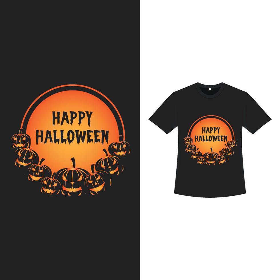 diseño de camiseta de color negro de Halloween con calabazas y tipografía. diseño de elementos de halloween con un montón de linternas de calabaza y caligrafía. diseño de camiseta espeluznante para halloween. vector