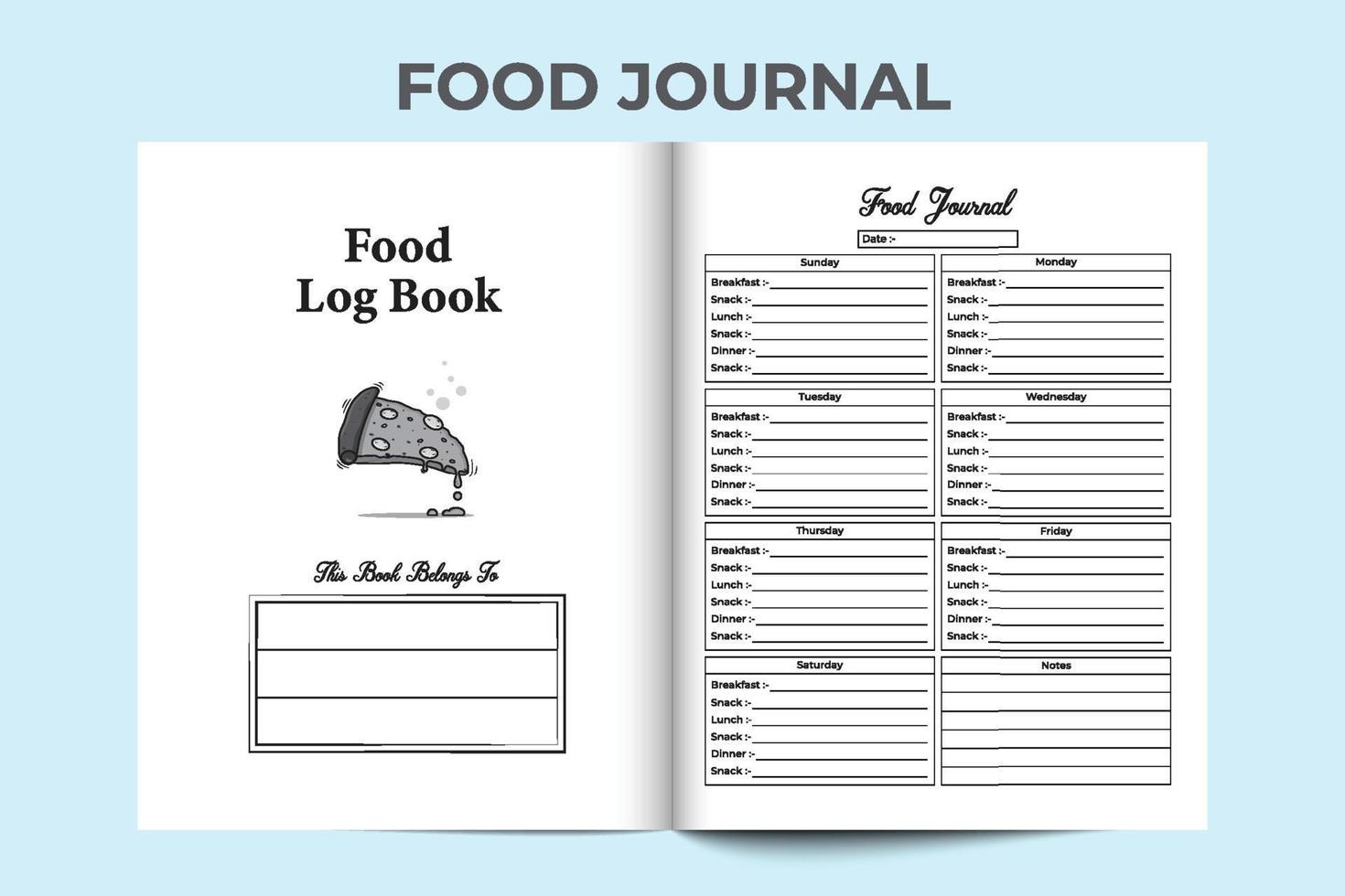 Food journal interior. Daily meal habit tracker and food information checker template. Interior of a logbook. Food scheduling and daily meal planner notebook interior. Weekly food info tracker. vector