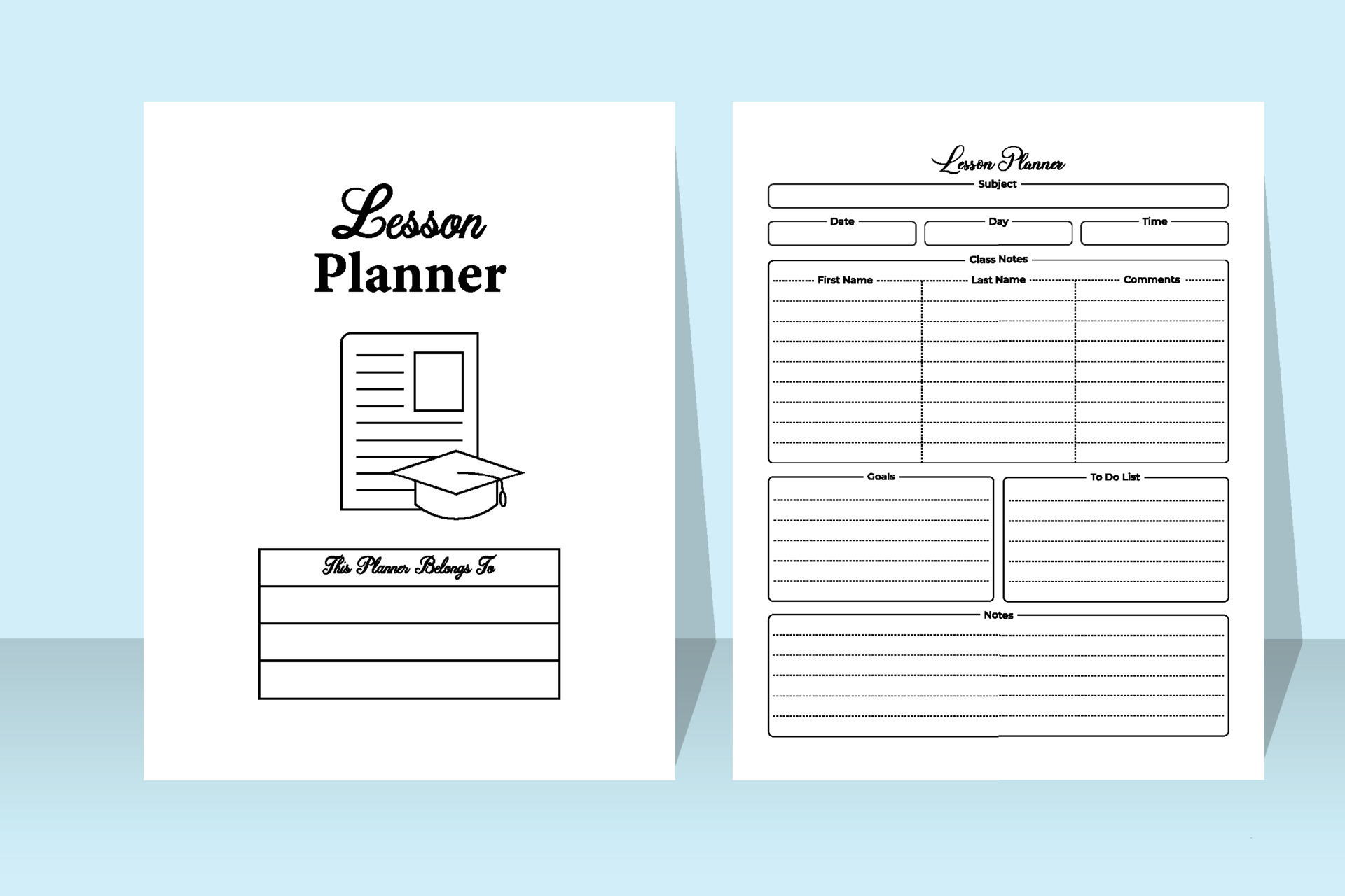 Daily lesson planner interior for students. Student's daily activity