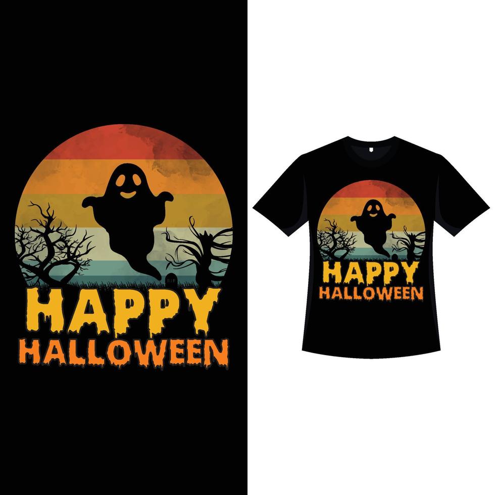 Halloween vintage T-shirt design with scary calligraphy. Halloween fashion wear design with a funny ghost and dead tree silhouette. Scary retro color T-shirt design for Halloween event. vector