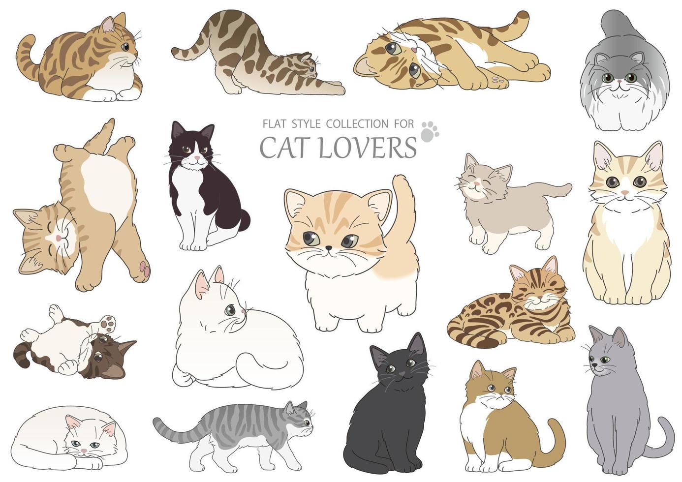 Set Of Cute Cats Flat Icons, Vector Flat Illustrations. Cat Breeds