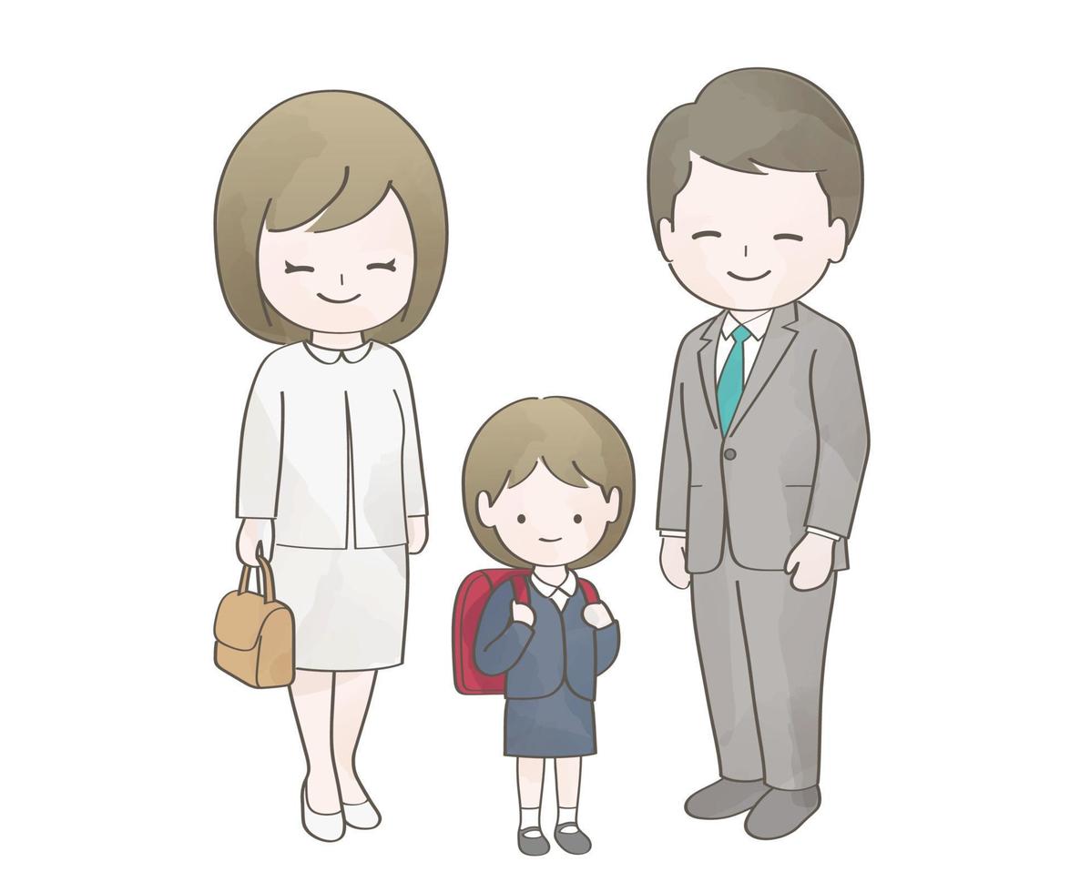 familia feliz acuarela vestida para la ceremonia de entrada a la escuela primaria. ilustración vectorial aislada en un fondo blanco. vector