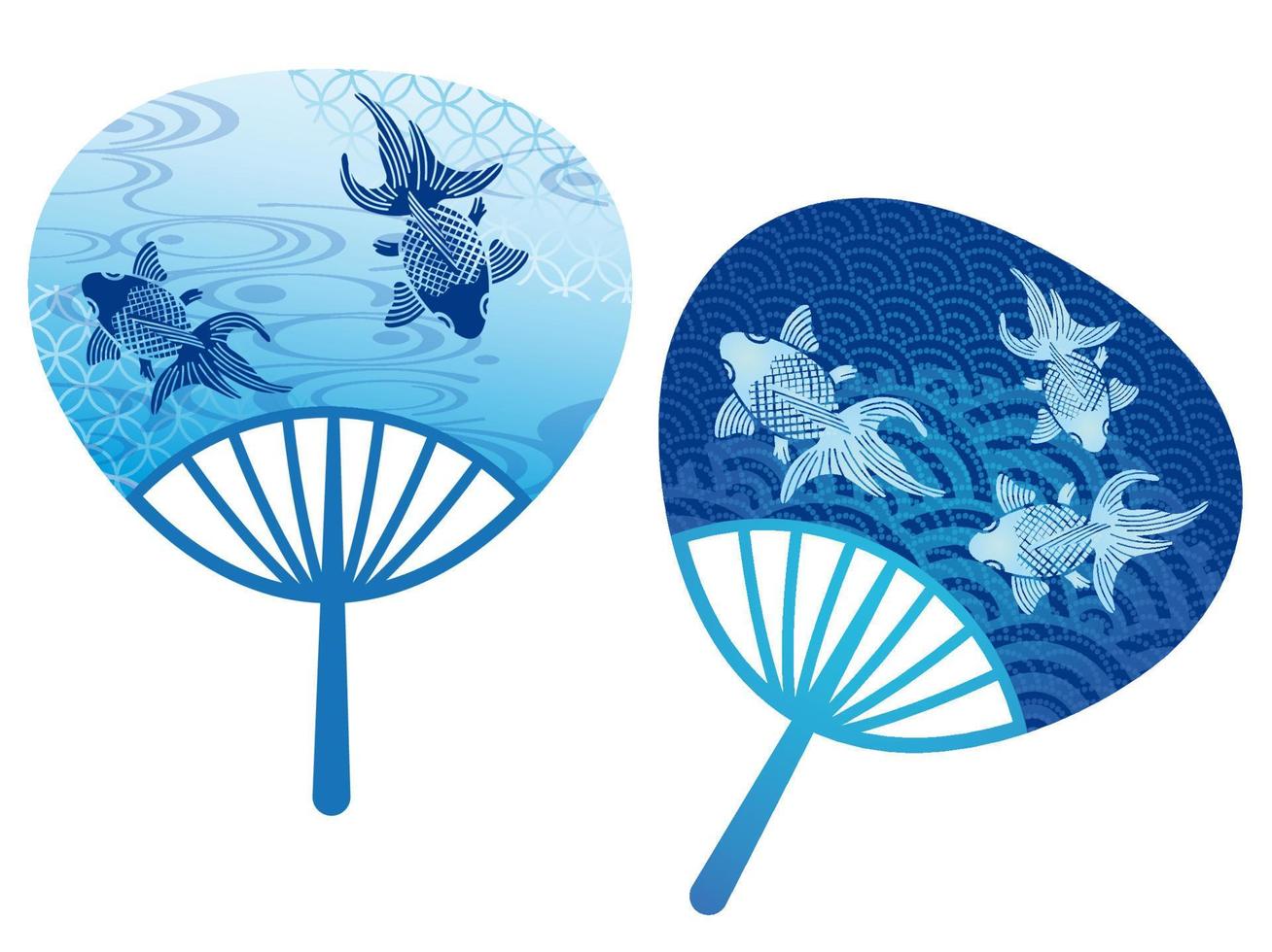 Set Of Vector Round Paper Fans Decorated With Japanese Vintage Style Goldfish Illustrations.