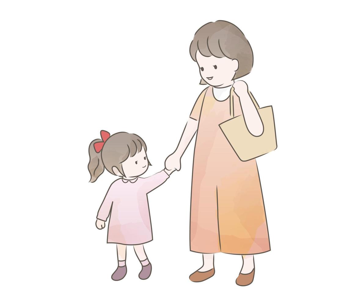 Watercolor Mother And Daughter Walking Hand In Hand. Vector Illustration Isolated On A White Background.