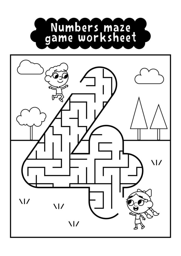 Black and white numbers maze game worksheet for preschool kids. Numbers labyrinth game. Numbers learning exercises. vector