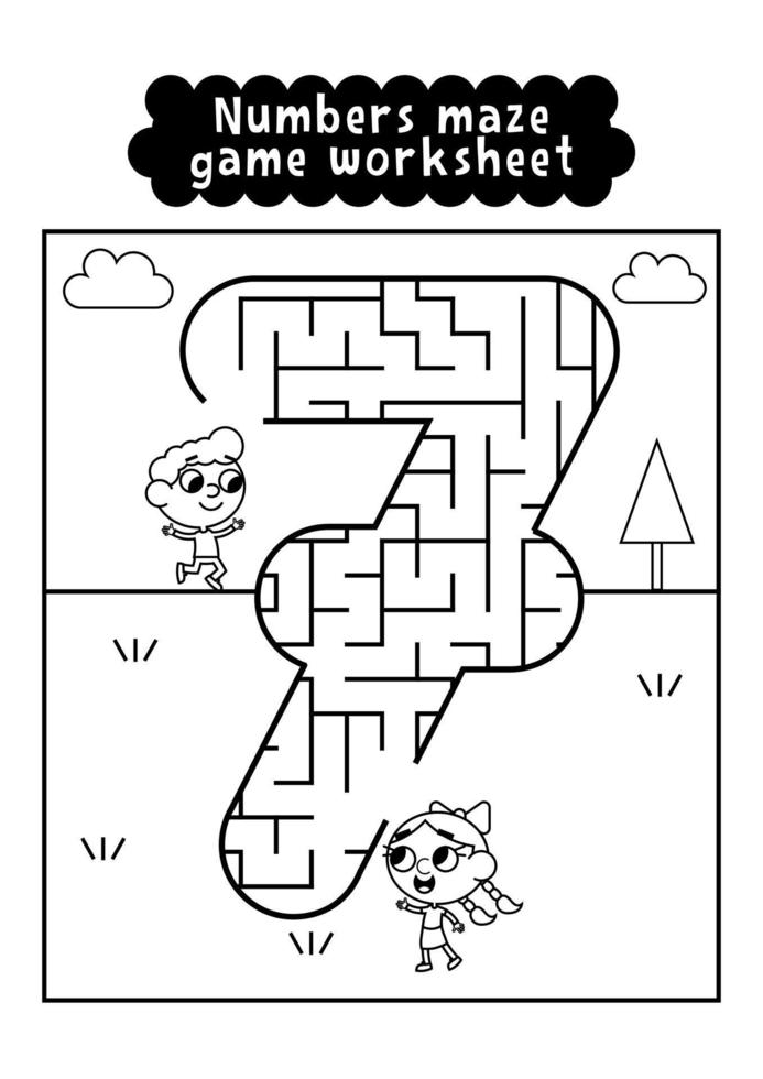 Black and white numbers maze game worksheet for preschool kids. Numbers labyrinth game. Numbers learning exercises. vector