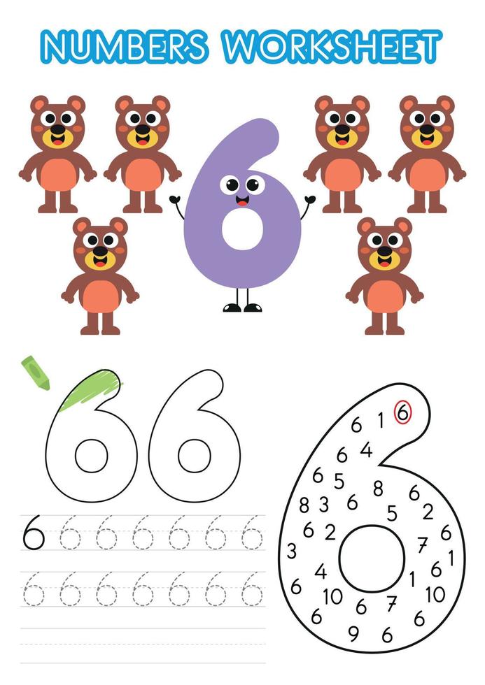 Numbers worksheet for preschoolers. Numbers activity. Numbers learning exercises. Number tracking vector