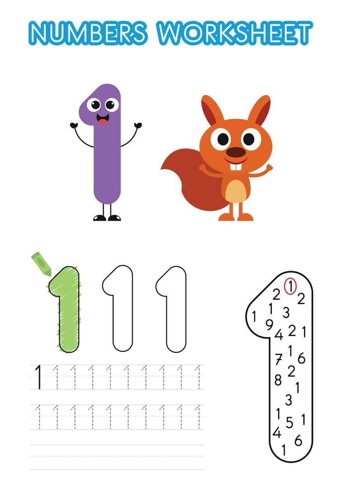 Numbers worksheet for preschoolers. Numbers activity. Numbers learning exercises. Number tracking vector