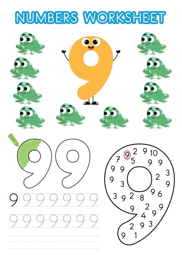 Numbers worksheet for preschoolers. Numbers activity. Numbers learning exercises. Number tracking vector