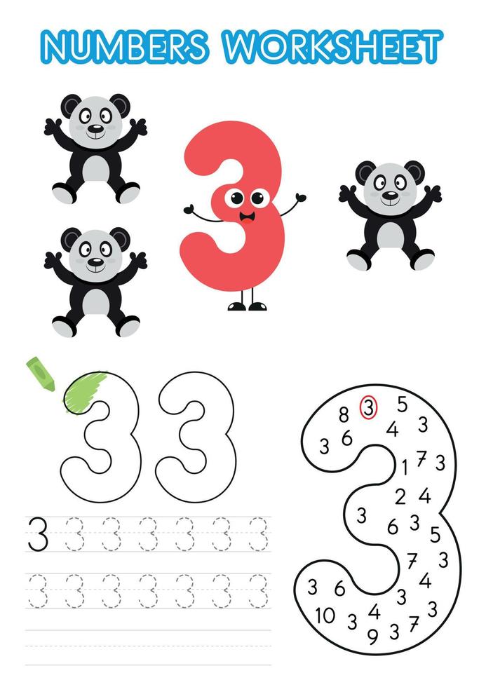 Numbers worksheet for preschoolers. Numbers activity. Numbers learning exercises. Number tracking vector