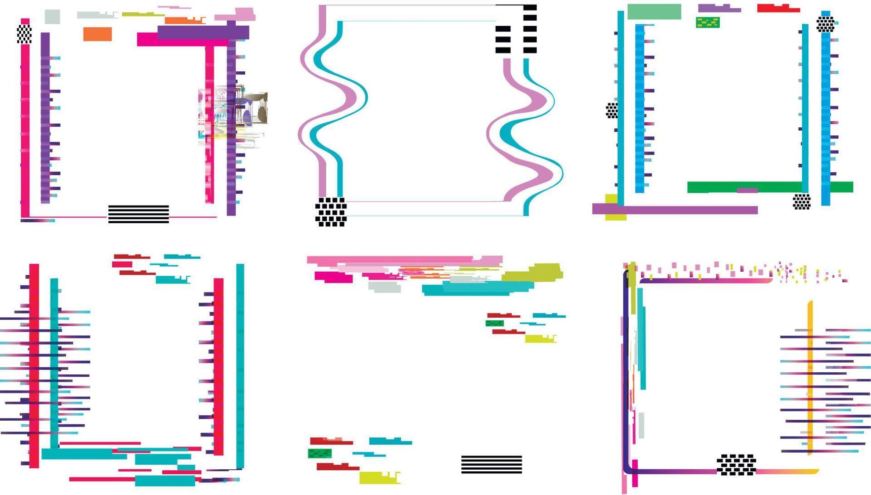 Set of geometric square shape, glitch style frames with pixel distortion and decay effect. Vector illustration