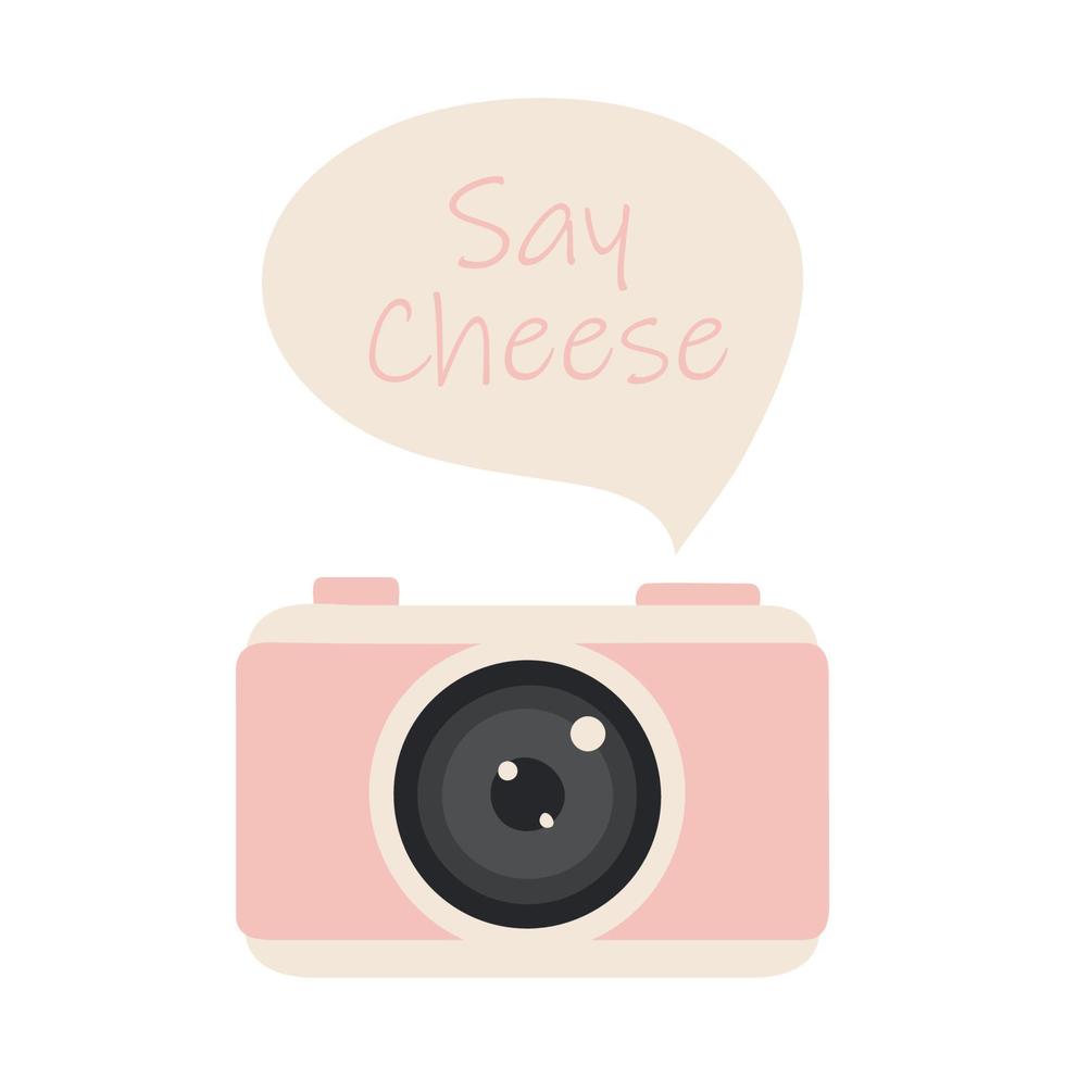 Retro camera with a say cheese note in flat style. vector illustration