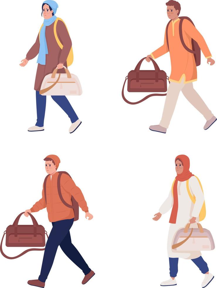 Adult refugees running away semi flat color vector character set