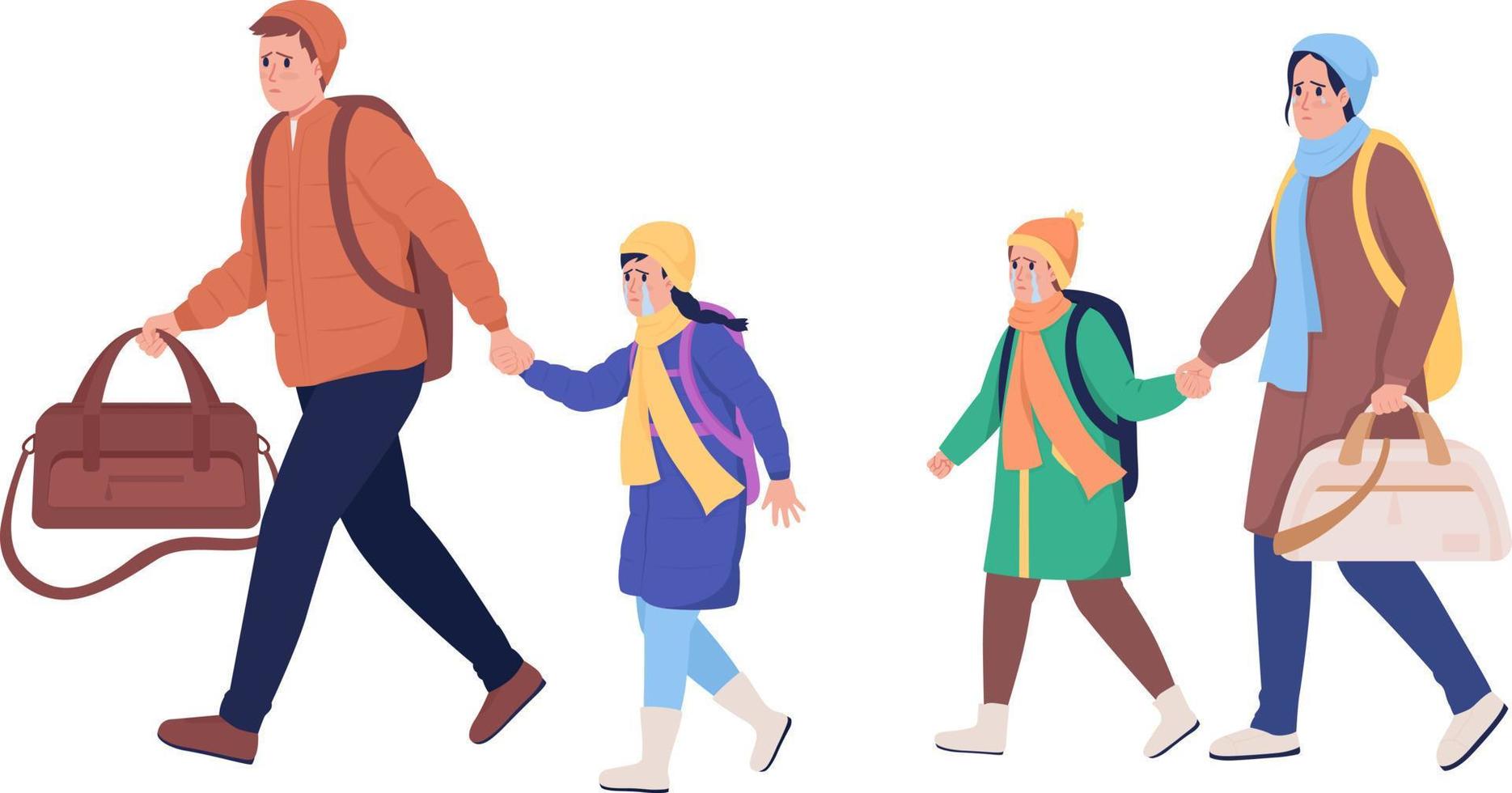 Family running away from war semi flat color vector characters