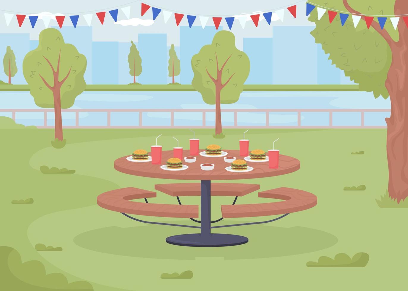 picnic festivo en el parque de la ciudad ilustración vectorial de color plano vector