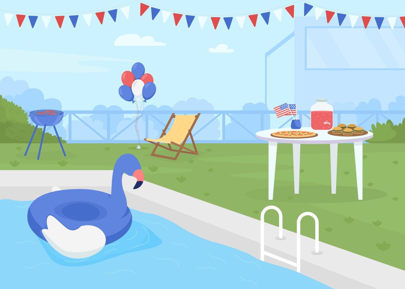 celebrando el día de la independencia de américa en la ilustración de vector de color plano junto a la piscina