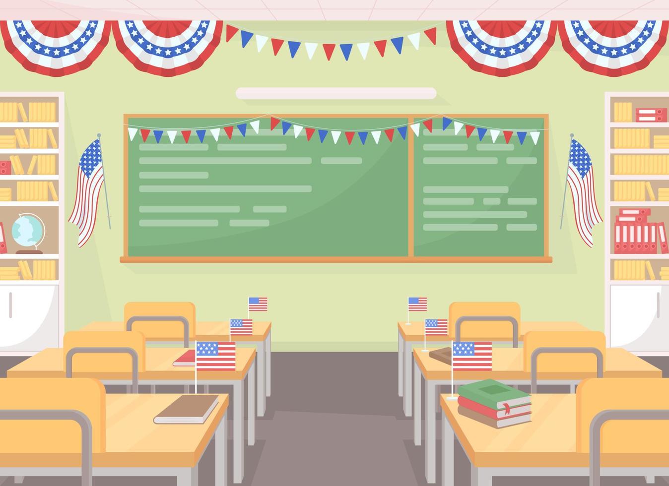 July fourth festive decor in classroom flat color vector illustration