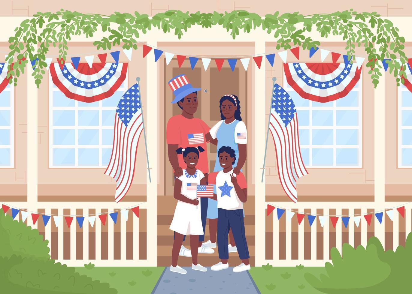 Happy family celebrating Independence day flat color vector illustration