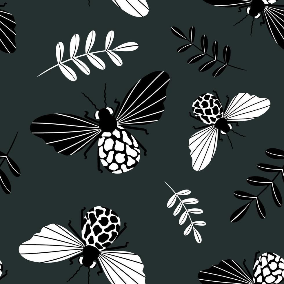 Seamless monochrome black and white background pattern with abstract butterfly for printing on textiles or paper. Vector illustration in a hand-drawn style.