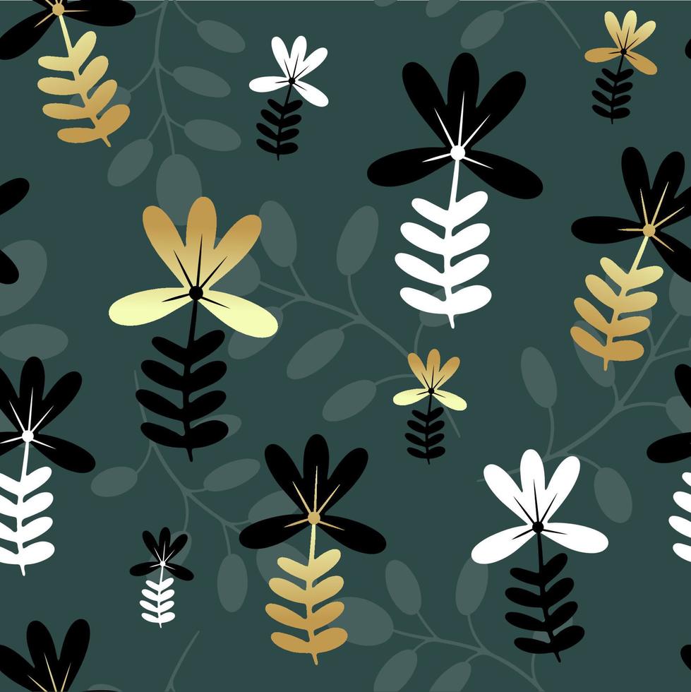 Seamless pattern of gold and black flowers and plants. Template for the design of fashionable fabrics, home textiles, clothing, paper, wallpaper, unusual packaging, curtains. Vector illustration.