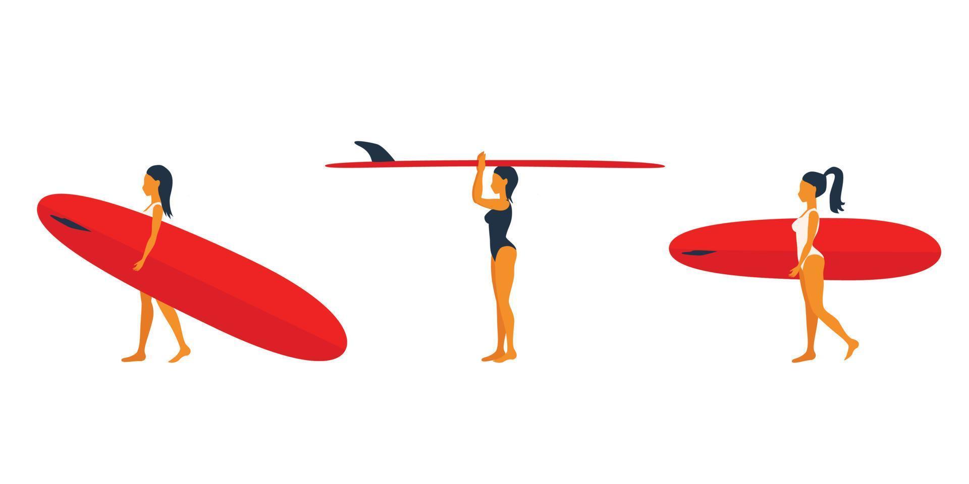 Set of Three Surfer girls walking with boards. Active summer. Surfing. Summer Vacation. vector