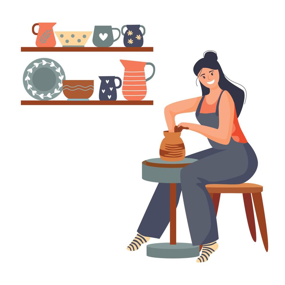 A happy young woman making a ceramic pot on the pottery wheel in the workshop. Vector illustration