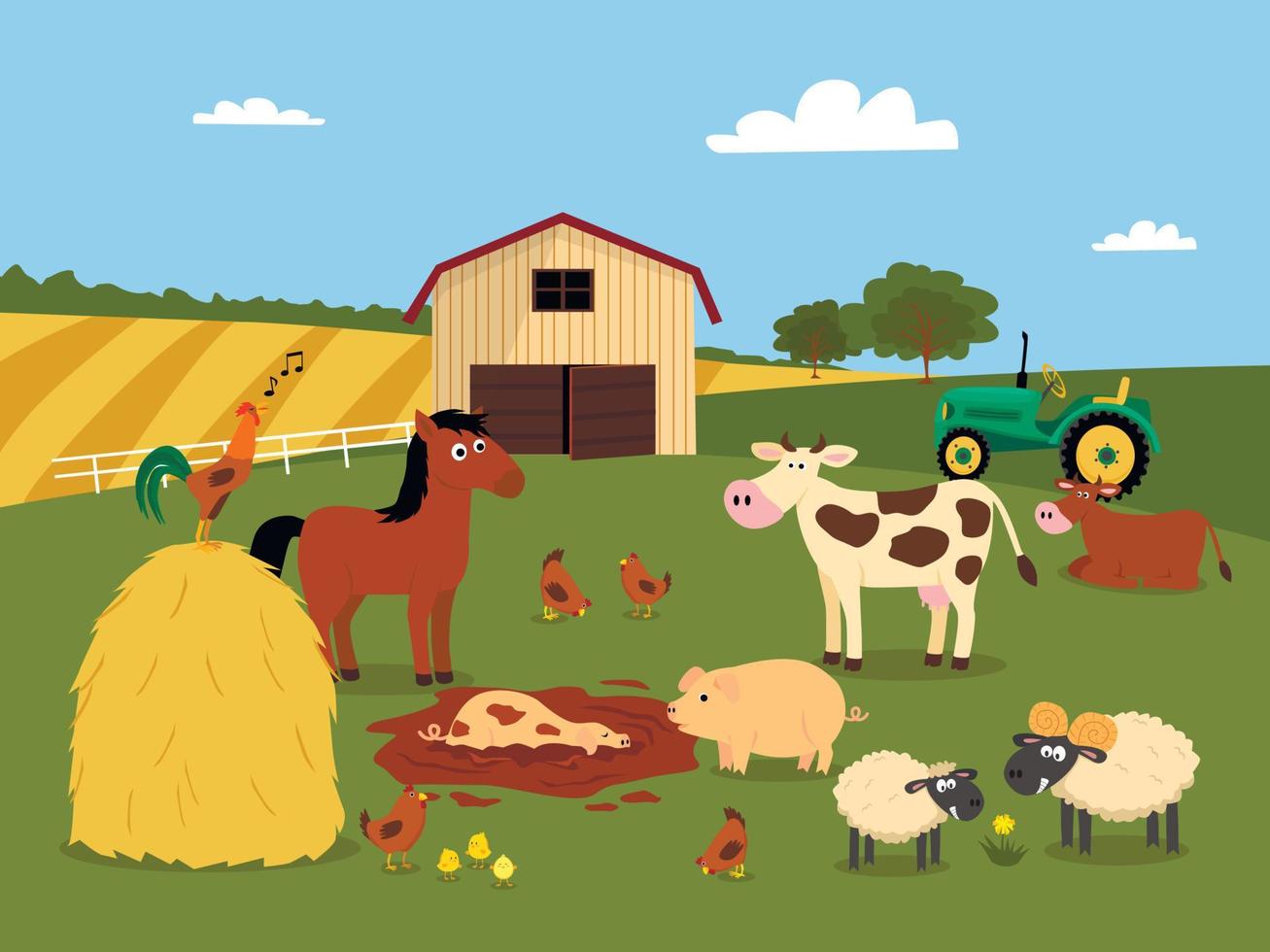 Farm animals with landscape - cow, pig, sheep, horse, chicken, hen. Cute cartoon vector illustration in flat style