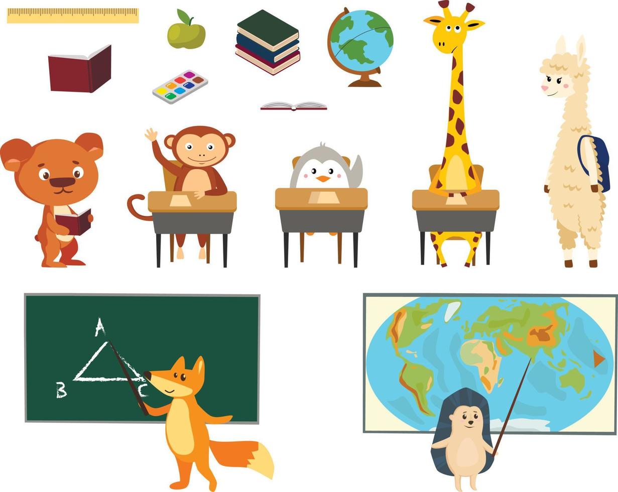 Animals hand-drawn style, education theme. Cute characters. Bear, penguin, llama, monkey, fox, giraffe, and hedgehog. Vector illustration.