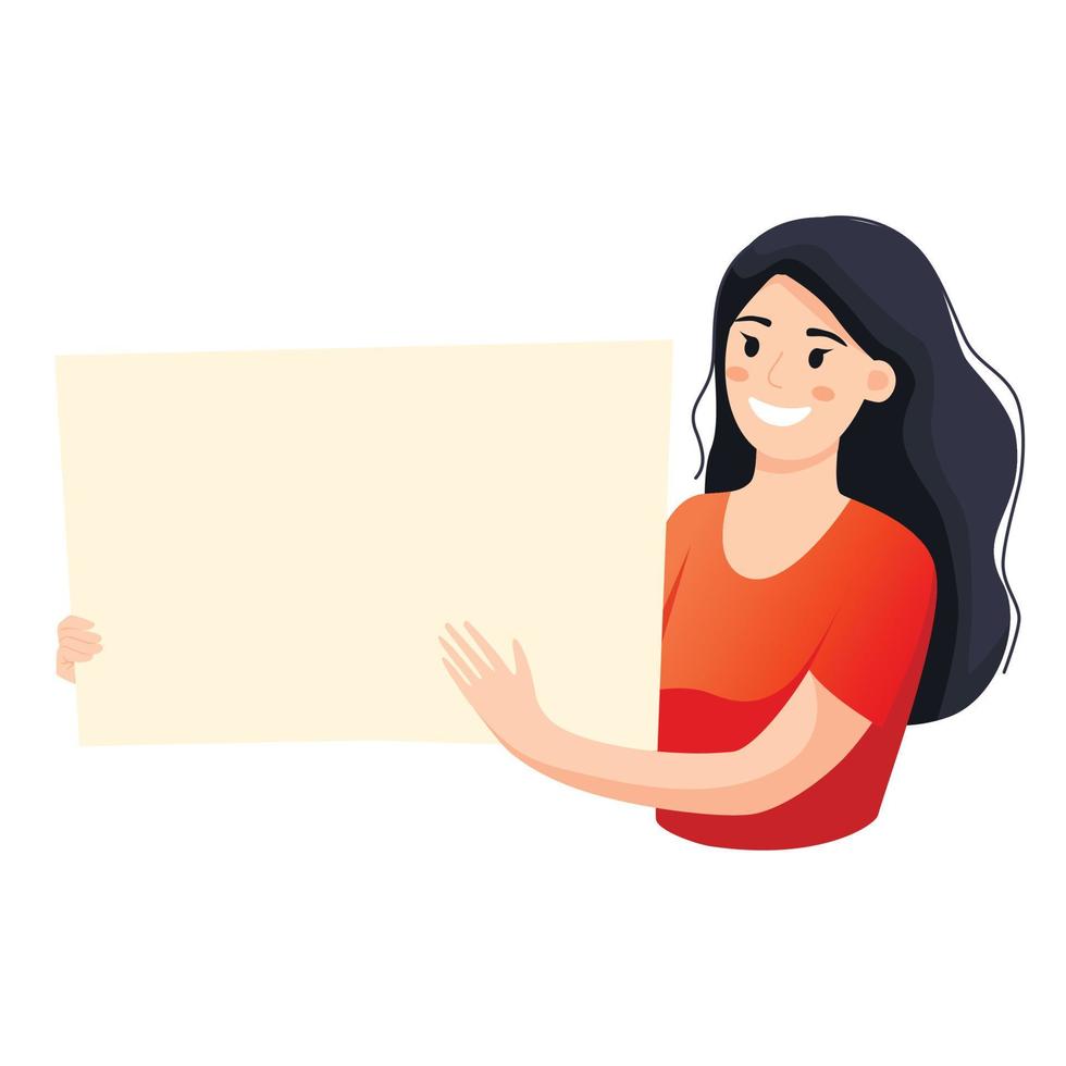 A young woman holding a blank poster with place for text. Hand drawn style vector trendy illustration.