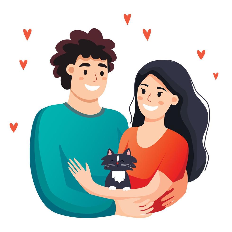 una pareja joven enamorada está abrazando y sosteniendo un gatito en sus manos. personajes familiares de dibujos animados. plantilla para tarjeta de felicitación o invitación. vector