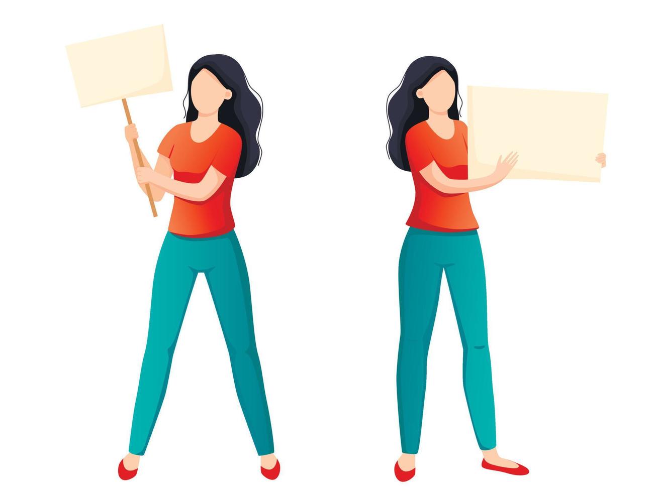 Set of a young women holding a blank poster with place for text. Hand drawn style vector trendy illustration.