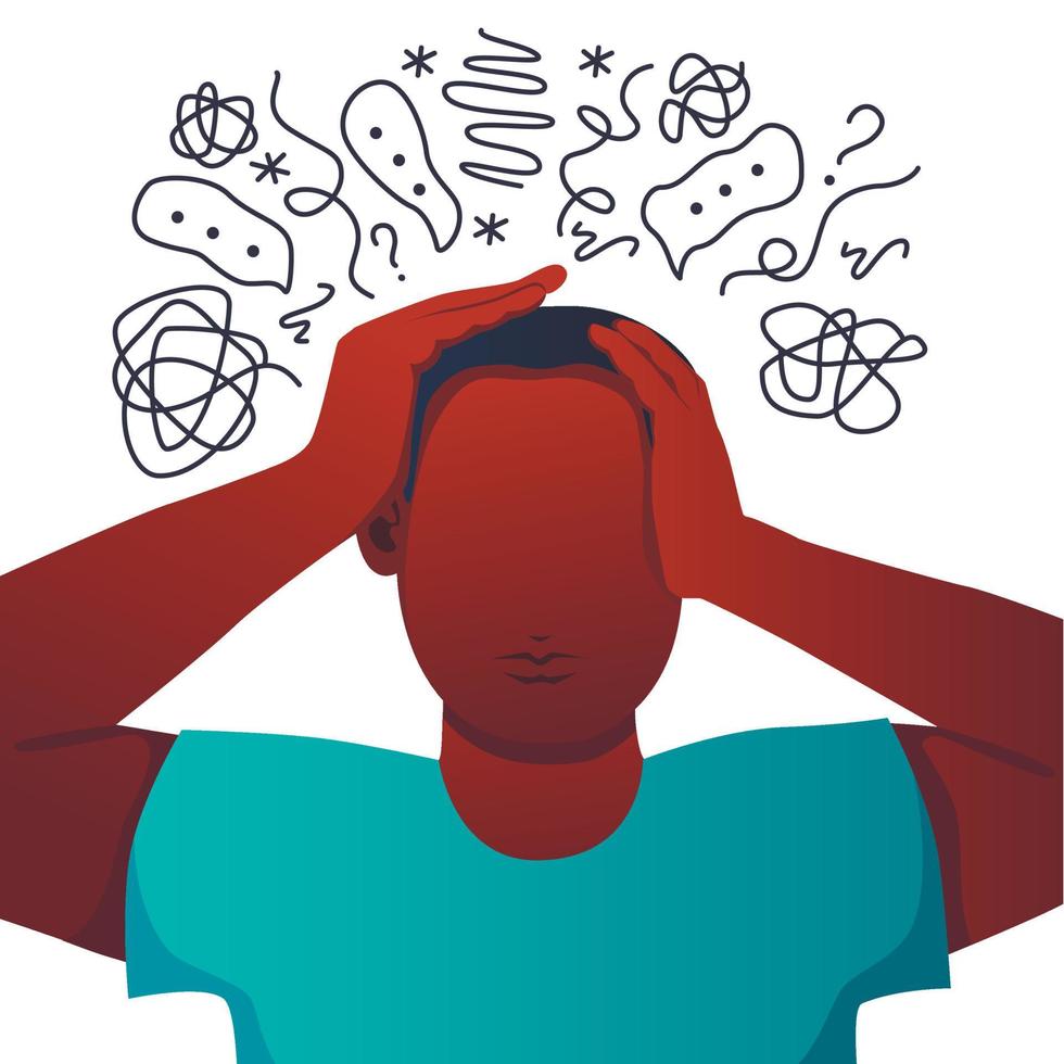 Anxiety, depression, stress, headache. Dizziness, sad and anxious thoughts of man. Young man is surrounded by stream of thoughts, chaos in head. Mental disorder. Difficult life situation. vector