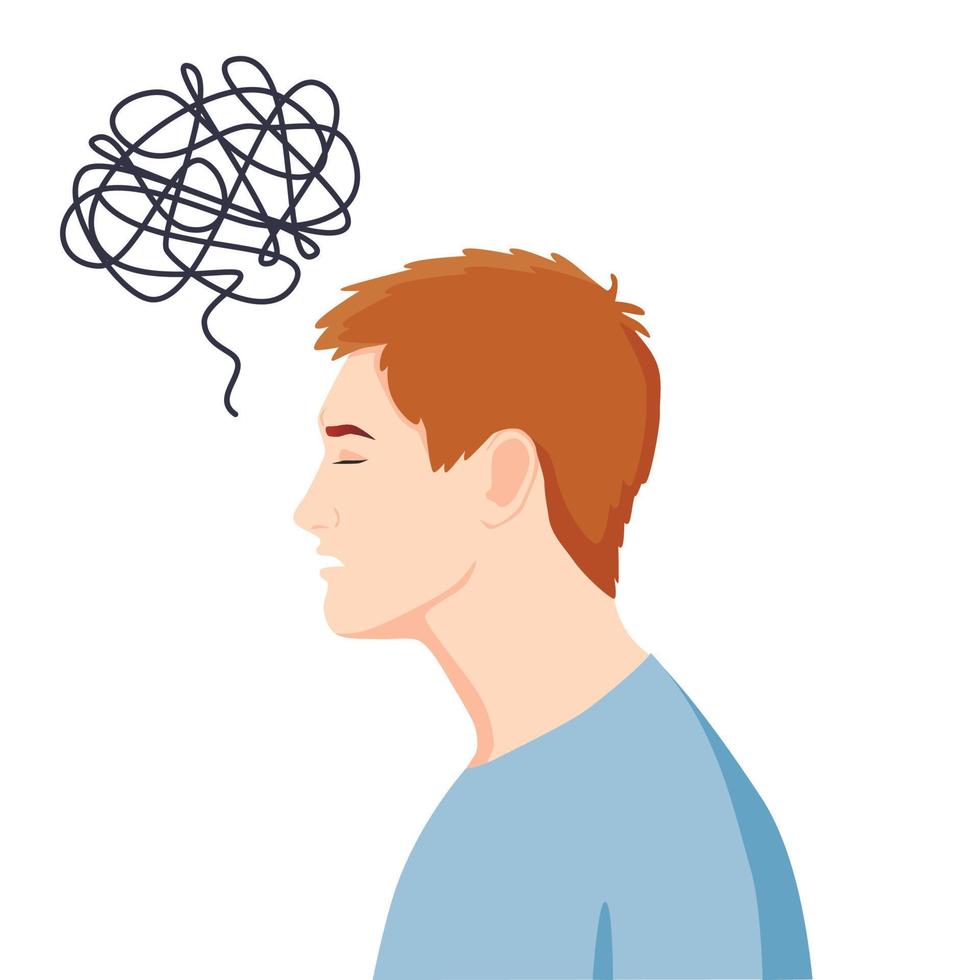 Anxiety, depression, stress, headache. Dizziness, sad and anxious thoughts of man. Young man is surrounded by stream of thoughts, chaos in head. Mental disorder. Difficult life situation. vector