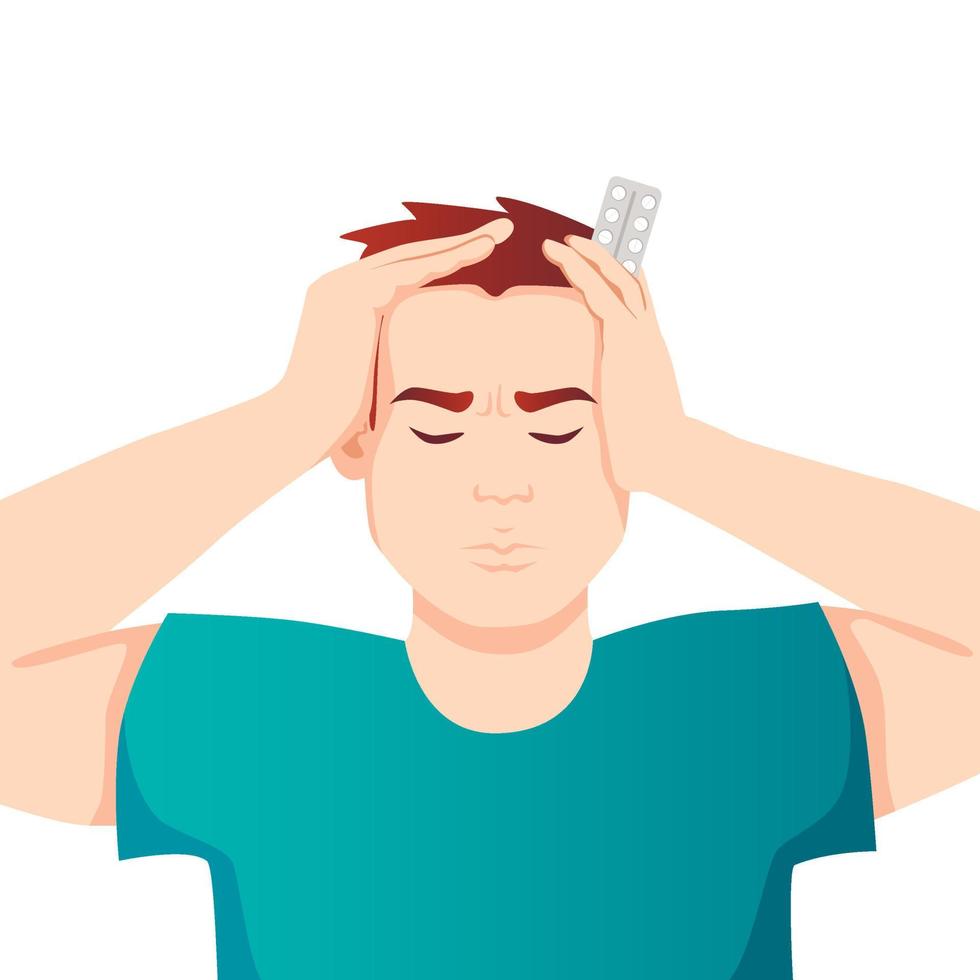 A man holds his head, holds pills in one hand. Depression, headache, Mental disorder. vector