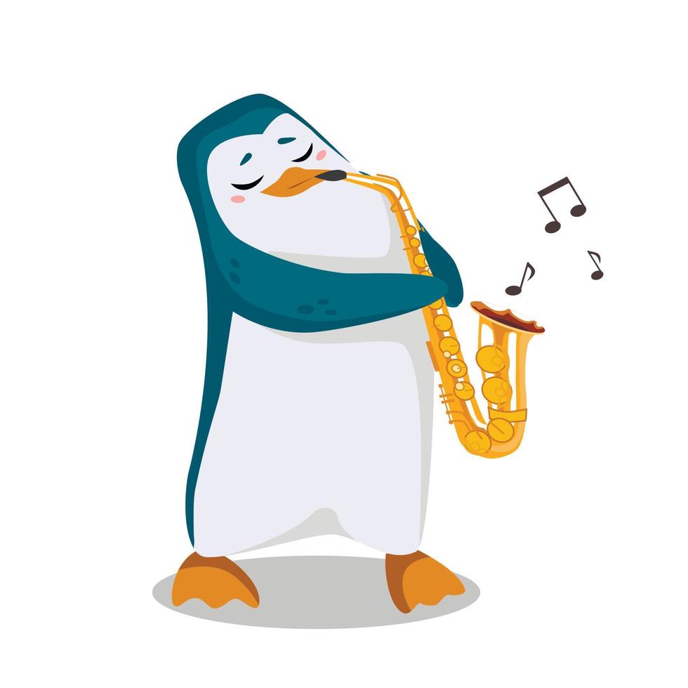 Penguin plays the saxophone. Cute character in cartoon style. vector