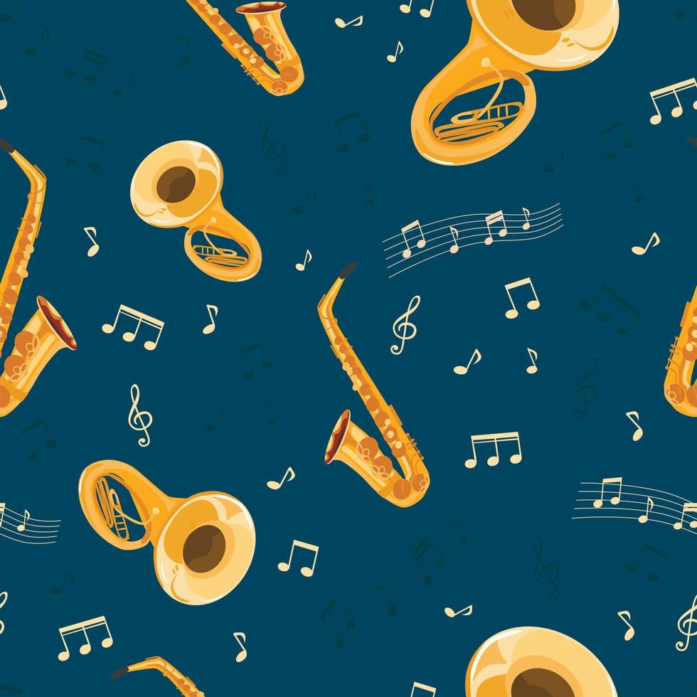 Seamless pattern with musical instruments on a dark blue background. Saxophone, big trumpet, sheet music. vector