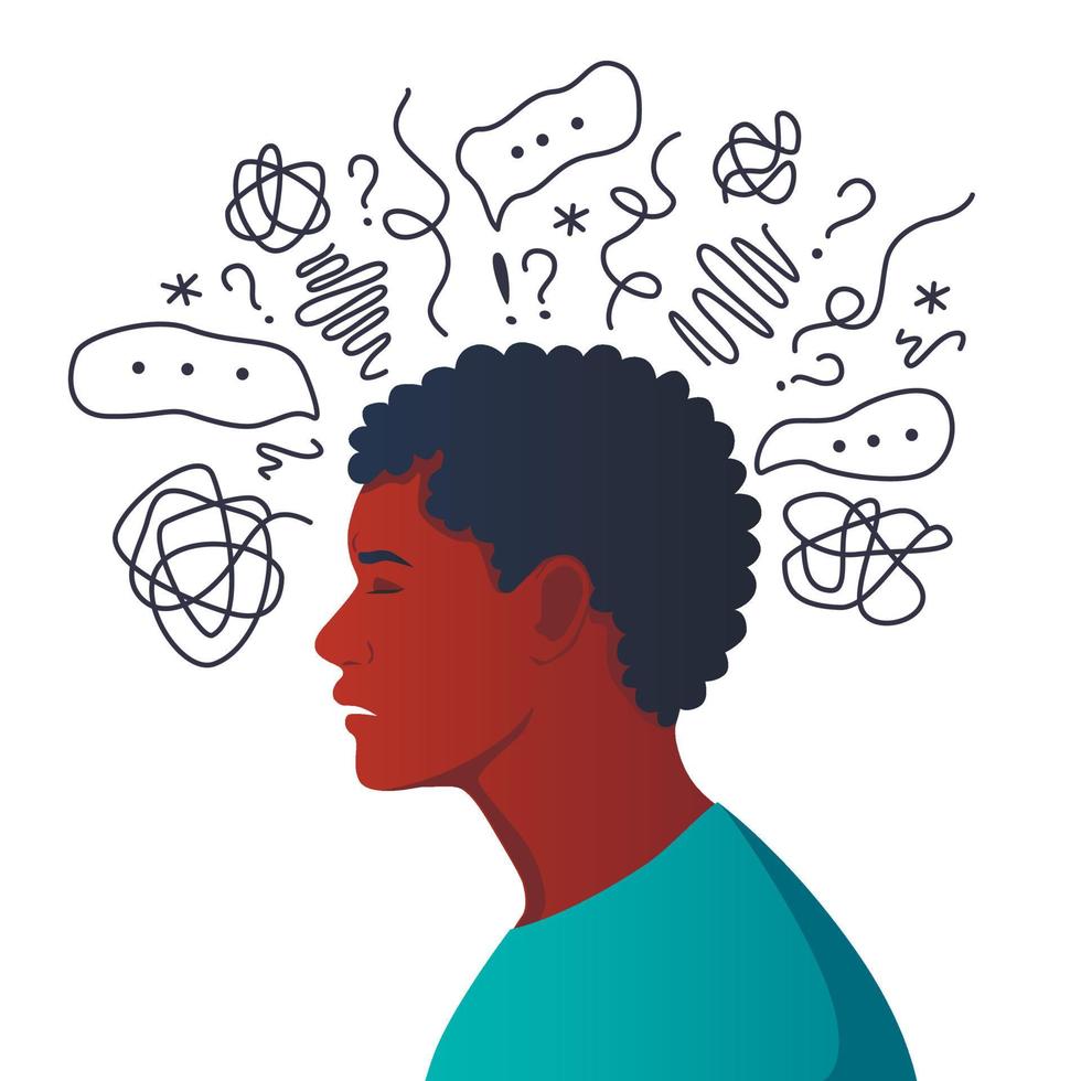 Anxiety, depression, stress, headache. Dizziness, sad and anxious thoughts of man. Young man is surrounded by stream of thoughts, chaos in head. Mental disorder. Difficult life situation. vector