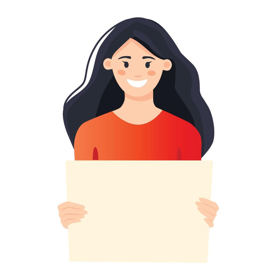 A young woman holding a blank poster with place for text. Hand drawn style vector trendy illustration.