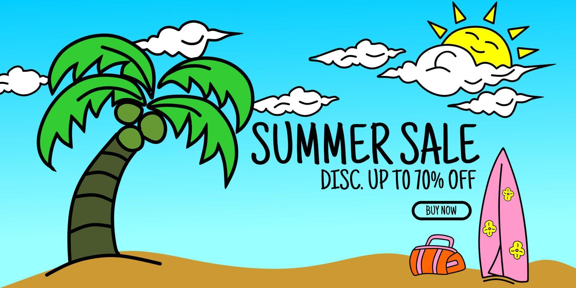 summer discount advertising banner. background on the beach with coconut trees and picnic bags elements vector